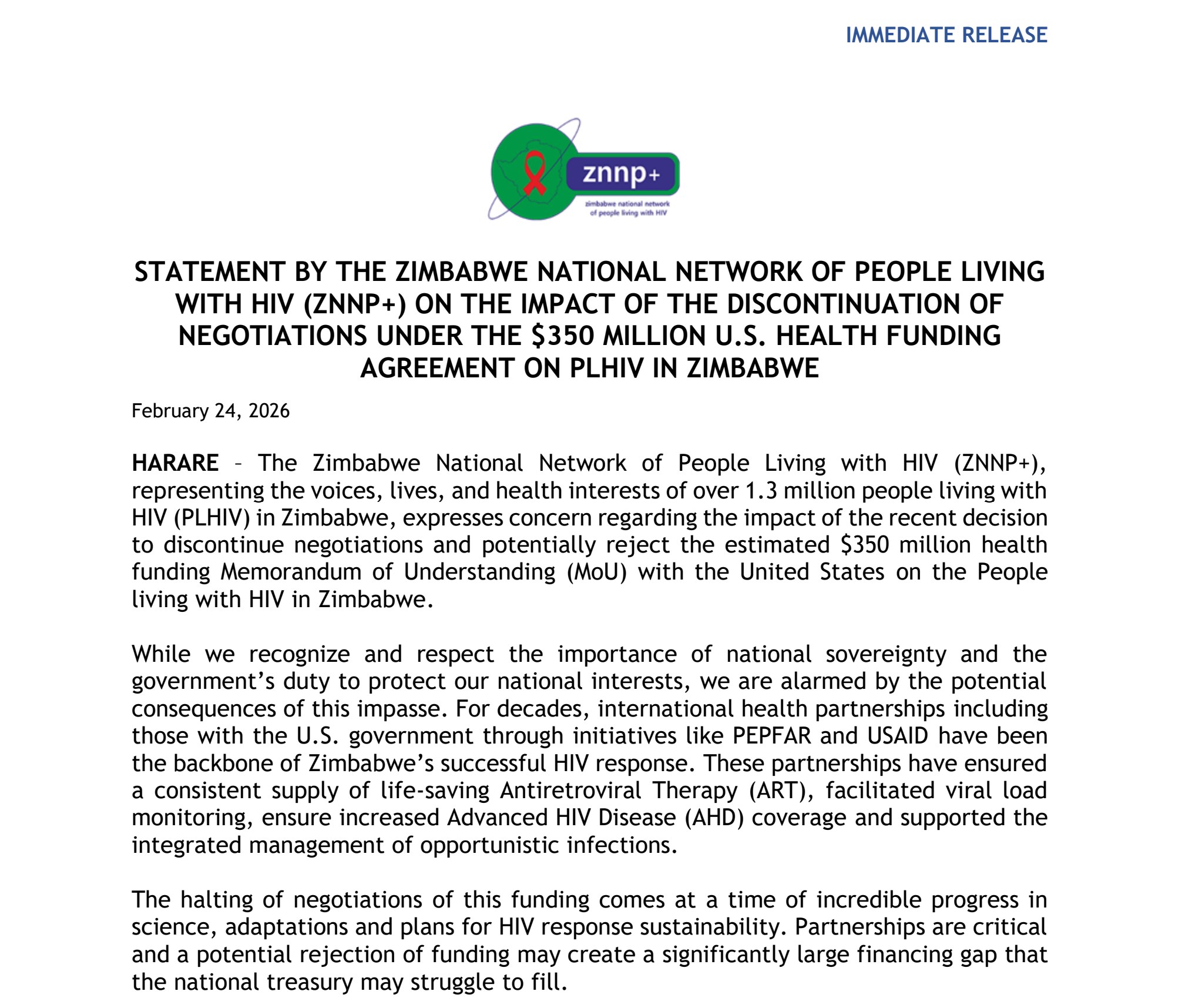 Immediate Release: ZNNP+ Statement on the impact of the discontinuation of negotiations under the $350 Million U.S Health funding agreement on PLHIV in Zimbabwe